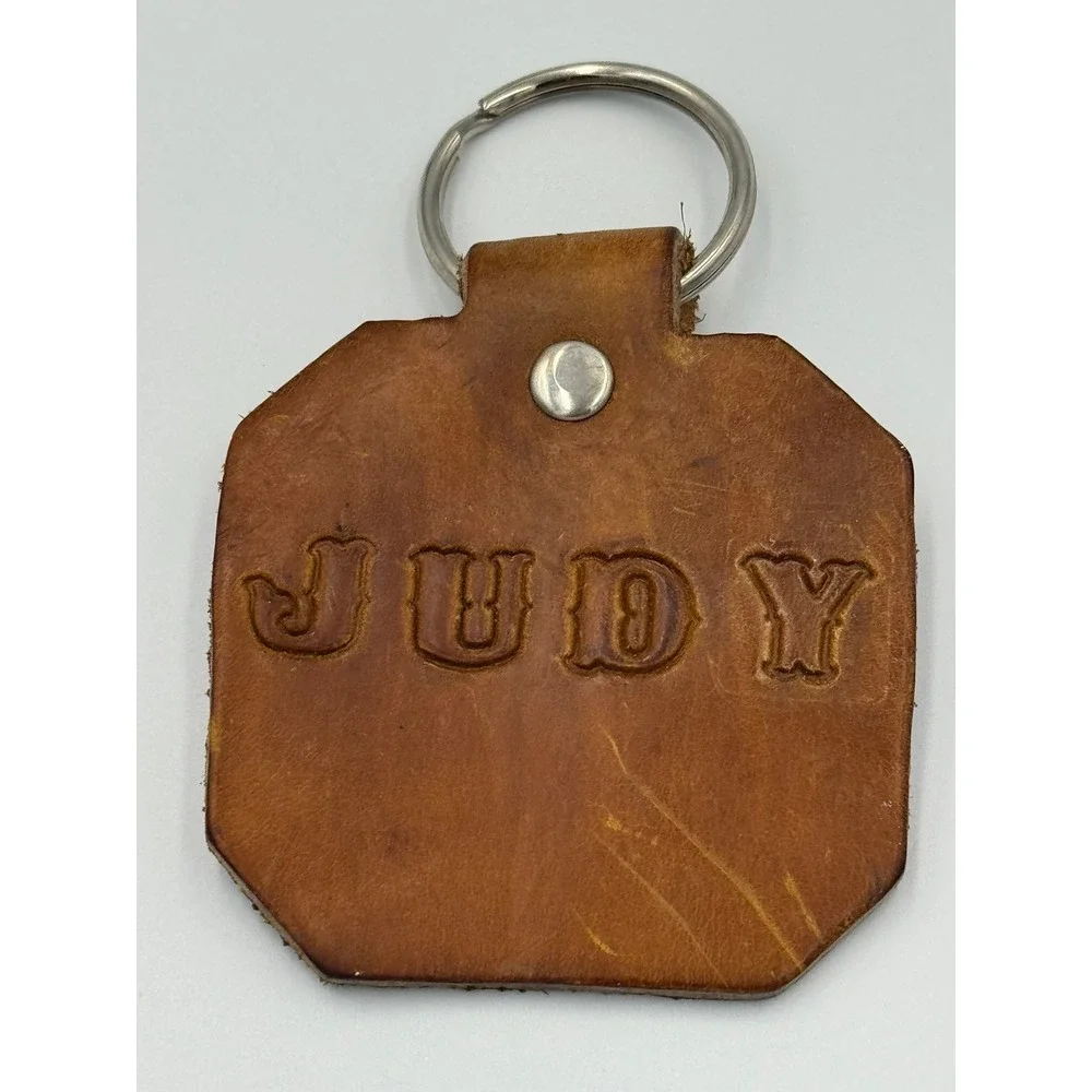 Vintage Personalized Leather Keychain Judy Name Fob Brown Western Style Embossed